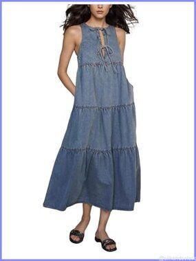 Sleeveless Bow Tie Front Empire Waist Denim Long Dress with Pockets